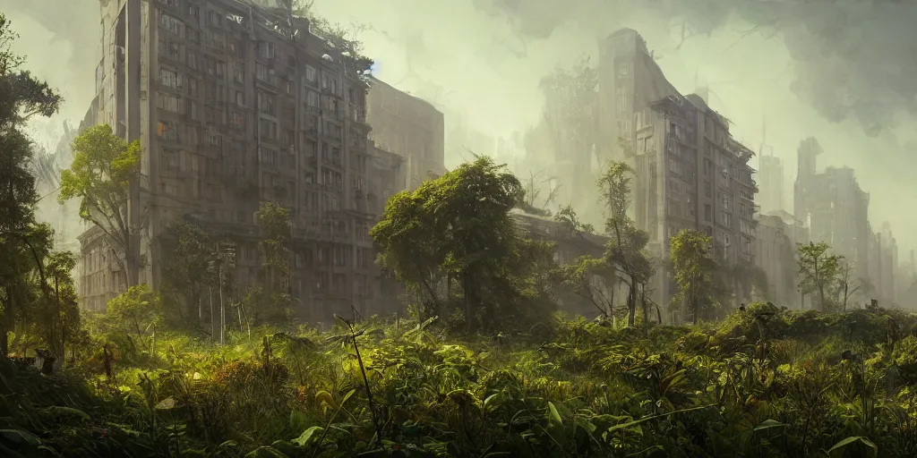 Prompt: postapocalyptic city of warsaw, poland overgrown with vegetation, plantlife and wildlife. fantasy art by greg rutkowski, gustave courbet, rosa bonheur, edward hopper. faithfully depicted architecture, realistic, sharp focus, global illumination, radiant light, detailed and intricate environment, trending on artstation