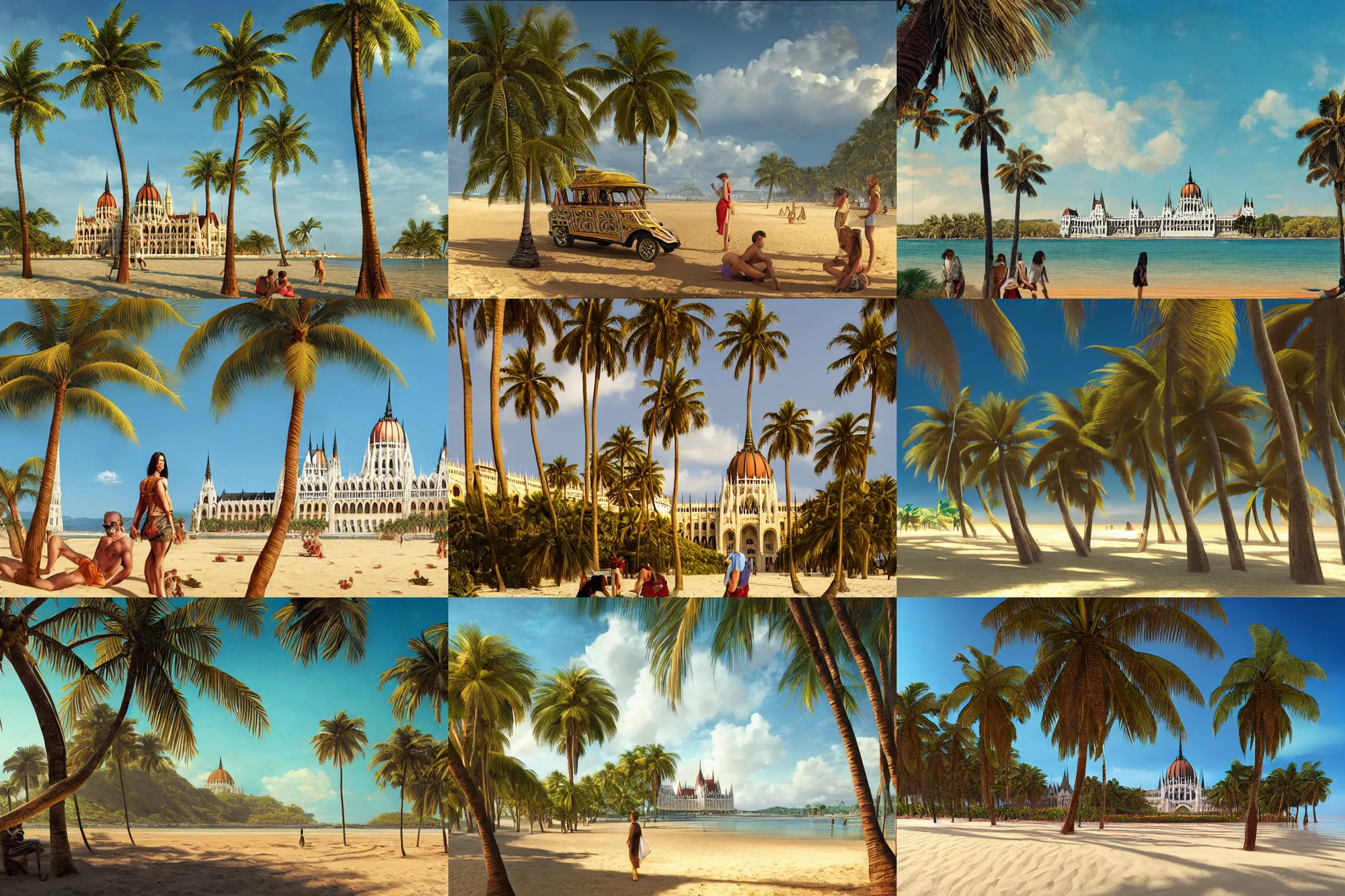 Prompt: hungarian parliament with palm trees on a sandy shore of a tropical island, no people, intricate, hyperdetailed, photorealistic, diffuse lighting, hdrp, artstation, unreal 5, smooth, sharp focus, art by john collier, albert aublet, krenz cushart, artem demura, alphonse mucha