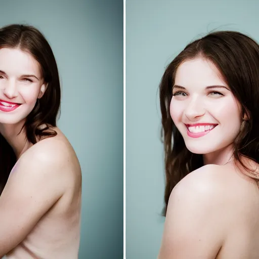 Prompt: Young pale brunette woman smiling, photoshoot, 30mm, Taken with a Pentax1000, studio lighting