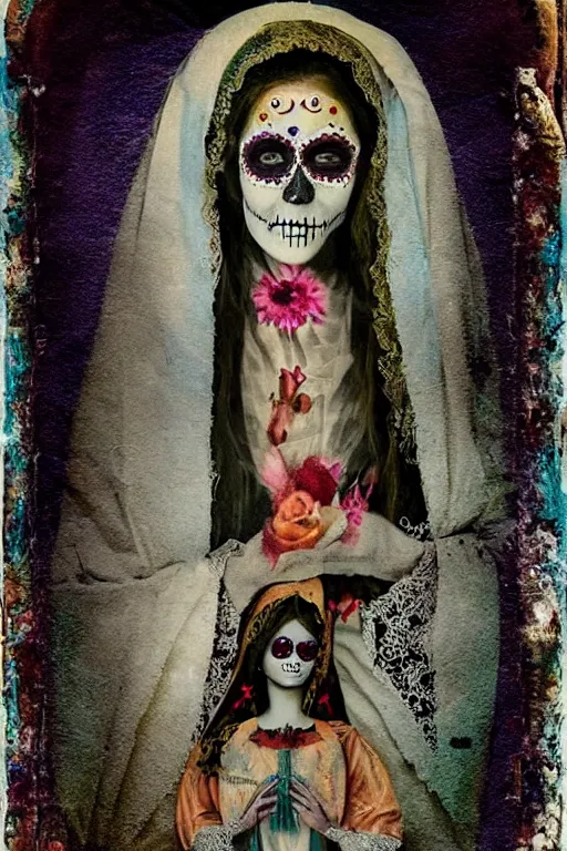 Image similar to tintype virgin mary in dia de muertos dress and make up, horrific beautiful vibe, evocative, atmospheric lighting, painted, intricate, highly detailed,