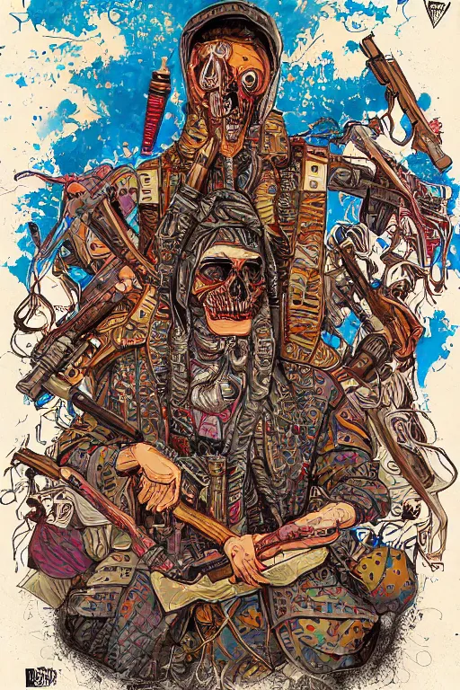 Image similar to taliban anarchy. symmetrical anatomy, very detailed design, complexity of the picture, with pop punk style, colorful, accompanied by body, pure image without duplication, dribble popular, drawn by ilya kushinov and vinicius gud and gustavo zambelli, intricate, ultra high definition, super scale rendered