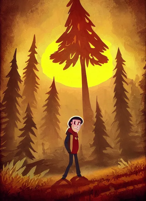 Image similar to Russian bootleg gravity falls poster, dramatic theming, disney animated series, mood lighting, unfortunate, hand painted cartoon art style, brutal, autumn, golden sunset, nostalgia, scenic, with text, 8k, award winning