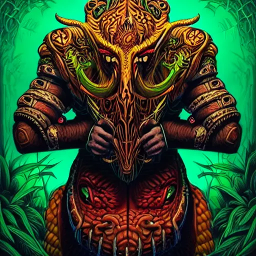 Image similar to back view of barong family member, wiwek, mara demon, one single tribe member, jungle, one single mask, dark, ancient warrior, snake, bull, lizard, alien, dragon, tribal, inner glow, art by dan mumford and justin gerard