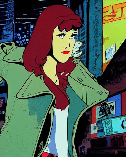 Image similar to portrait of an attractive young female protagonist wearing leather jacket, center focus, in city street, frank miller, ralph bakshi