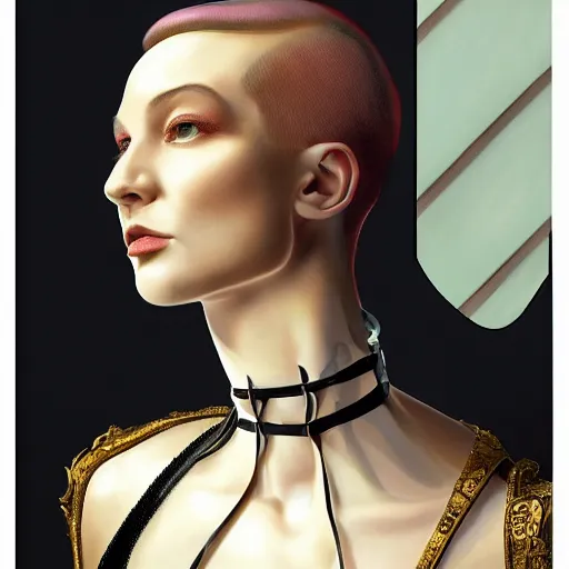 Prompt: A masterpiece portrait of a Incredibly beautiful futuristic high fashion queer rubber succub model girl . with a collar on her neck. barocco royal fetish dress. medium shot, intricate, elegant, highly detailed. trending on artstation, digital art, by Stanley Artgerm Lau, WLOP, Rossdraws, James Jean, Andrei Riabovitchev, Marc Simonetti, Yoshitaka Amano