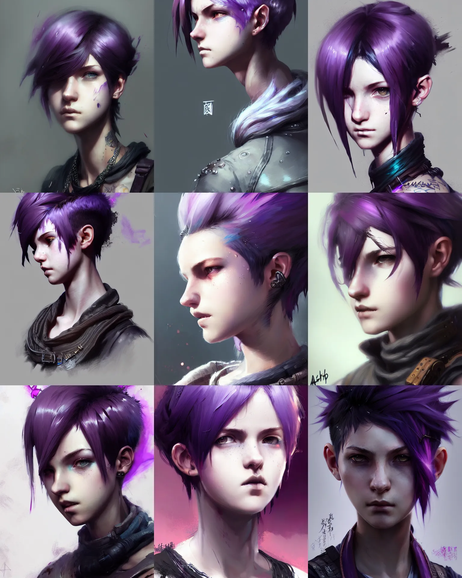 Prompt: Portrait of rugged young adult female, fantasy, pixie undercut hairstyle, black to purple fade hairstyle, intricate, highly detailed, digital painting, artstation, concept art, sharp focus, art by Akihiko Yoshida, Greg Rutkowski, 4k resolution, nier inspired, graffiti inspired, vibrant but dreary