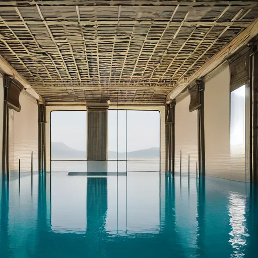 Image similar to endless infinite pool, interior, eerie, liminal space