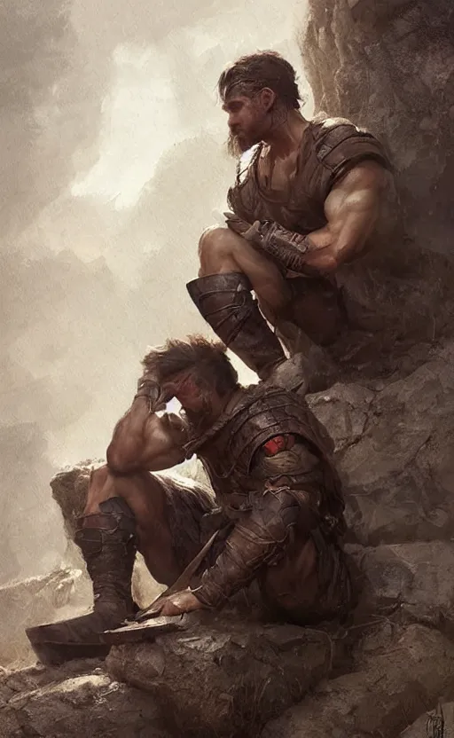 Image similar to Portrait of a rugged ranger sitting down, male, muscular, straight nose!!!, detailed face, handsome face, bare thighs!!!, simple clothing!!!!!, fantasy, medieval, highly detailed, cinematic lighting, digital art painting by greg rutkowski