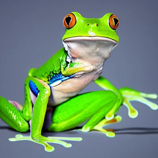 Prompt: fashion show with a super sad green tree frog dressed in a green skirt, photo realistic, matte image