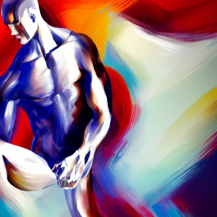 Prompt: abstract closeup of a thin, athletic physique man's body made of abstract, thick flowing dramatic brush strokes, no face, strong wind, white background, matte colors, impressionist, extreme motion, trending on artstation