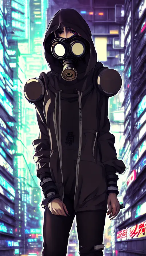 Image similar to cyberpunk anime girl in hoodie, cyberpunk gas mask, 3 / 4 shot, street night, grafity, beautiful face, grafity, arcane, action, tokyo street, detail, good face, pose model, concept art, in style of yoji shinkawa, pan ren wei, col price, atey ghailan, by greg rutkowski, aesthetic