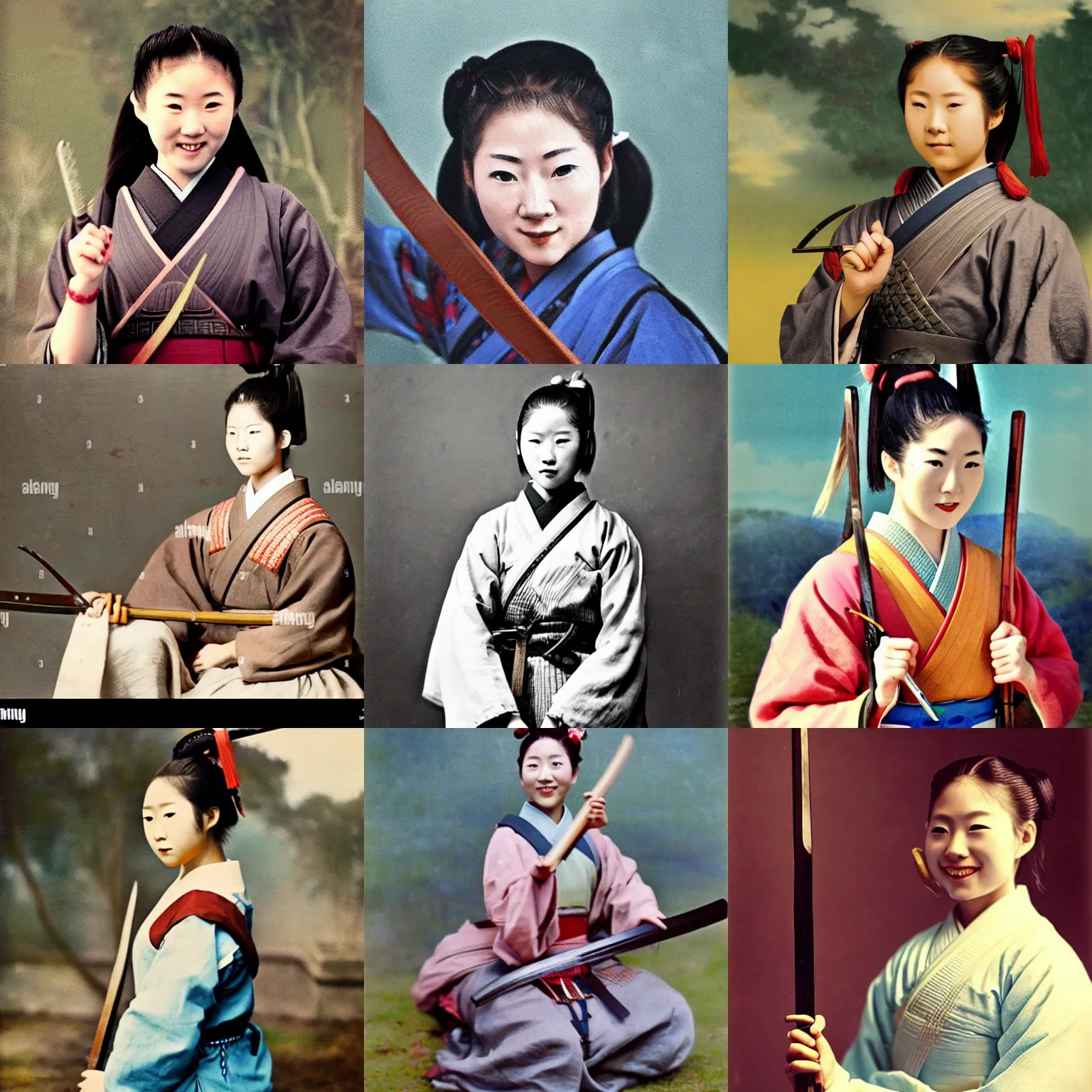 Prompt: Young woman samurai, pigtails, holding a sword, painted nails, smiling, historical photo