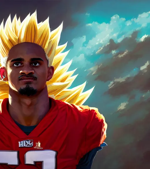 Image similar to highly detailed portrait of super saiyan jalen hurts, philadelphia eagles football, unreal engine, fantasy art by greg rutkowski, loish, rhads, ferdinand knab, makoto shinkai and lois van baarle, ilya kuvshinov, rossdraws, tom bagshaw, global illumination, radiant light, detailed and intricate environment