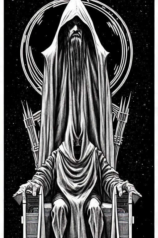 Image similar to cloaked wizard sitting in a throne, high details, intricately detailed, by vincent di fate, inking, 3 color screen print, masterpiece, trending on artstation,, sharp, details, hyper - detailed, hd, 4 k, 8 k