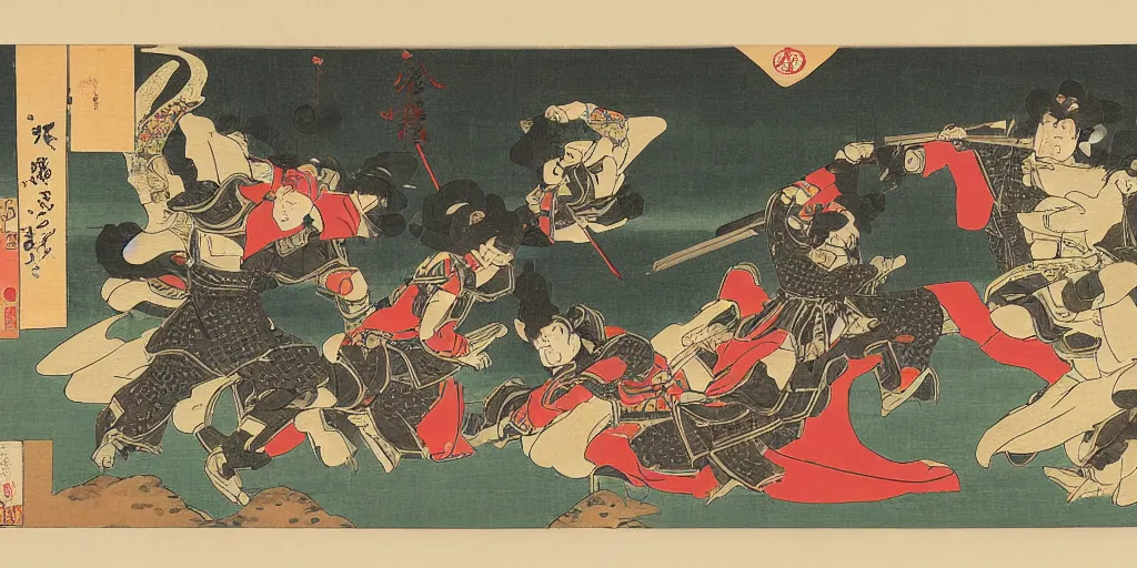 Image similar to mixed ukiyo - e style and italian futurism sytle painting of heavily armored samurai fighting in fierce battle in a beautiful forest