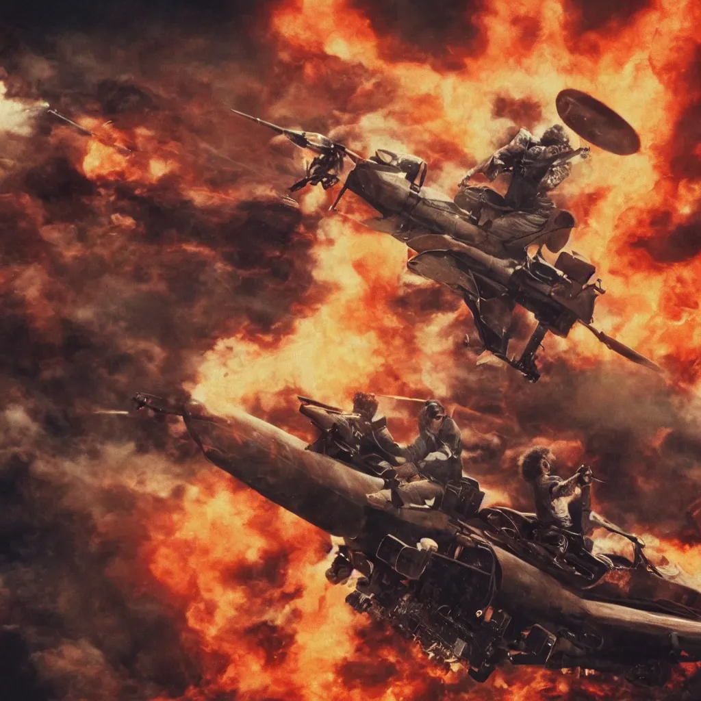 Image similar to elton john with a afro hair style riding a hellfire missile, cinematic framing, cinematic lighting, hdr, gritty, movie still, 4k, 70s psychedelic style