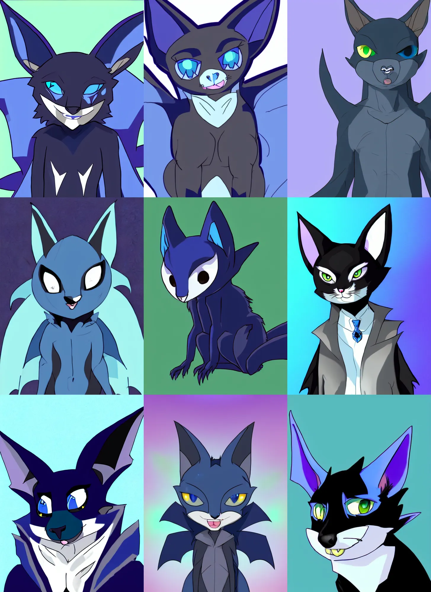 Prompt: a blue - and - black male catbat fursona ( from the furry fandom ) with blue / green heterochromatic eyes and huge bat ears, vtuber