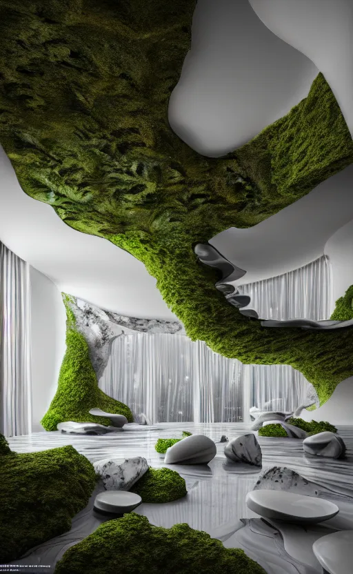 Image similar to highly detailed ultra sharp 3 d render villa interior cinematic composition of a smooth ceramic porcelain biomorphic magnolia stone nebula fluid fractal sci - fi surreal architecture landscape, granite, metallic, magnesium, marble, moss and lichen, vincent callebaut composition, mamou - mani, archviz, beautiful lighting, 8 k, unreal engine, hdr,