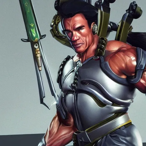 Image similar to a screenshot of arnold schwarzenegger as genji in overwatch, detailed, hyper realistic, award winning photo