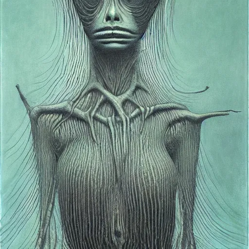 Image similar to tomie by junji ito in the style of zdzisław beksiński and h.r. giger, oil on canvas