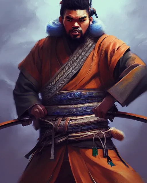 Image similar to portrait of karl - anthony towns as a ronin samurai, wearing a haori, by wlop and peter mohrbacher, dramatic action pose, extremely detailed shading, concept art, digital painting, trending on artstation, atmosphere, glow, cinematic lighting, full of color