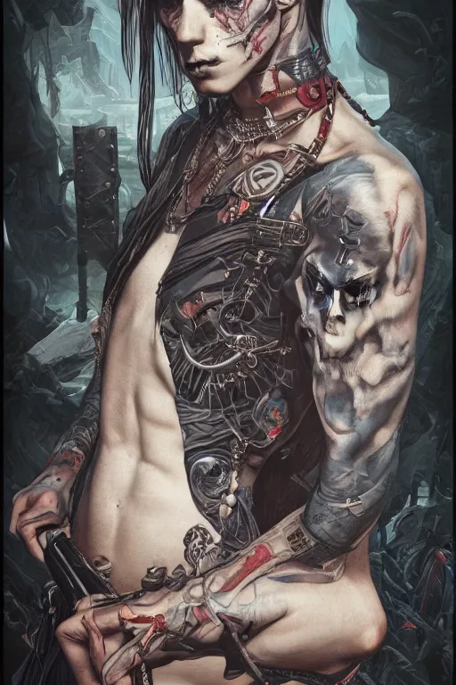 Prompt: portrait of beautiful young gothic man, warhammer, a lot of scars, readhead, the future ages, highly detailed, artstation, illustration, art by tristan eaton, 8 k quality