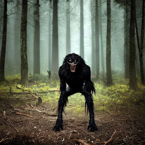 Prompt: werecreature consisting of a human and crow, photograph captured in a forest