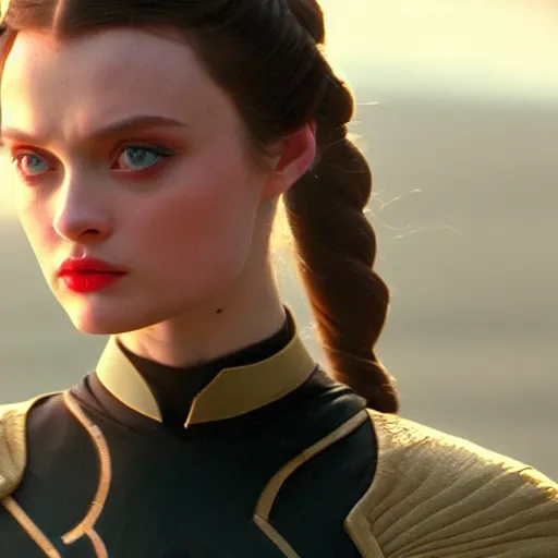 Prompt: bella heathcote as padme amidala on naboo golden hour cinematic