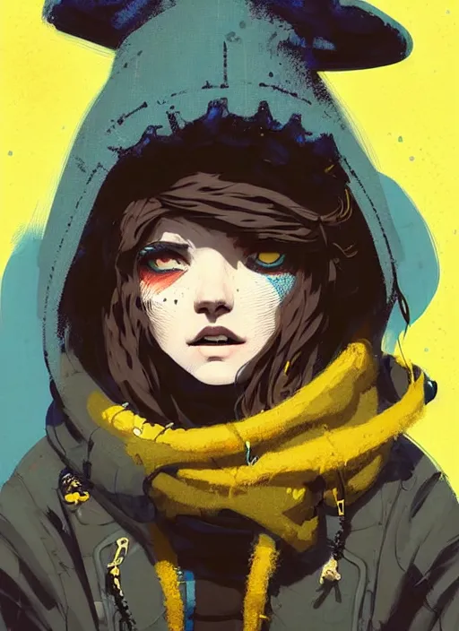 Prompt: highly detailed portrait of a sewer punk lady student, blue eyes, tweed hoody, hat, wavy hair by atey ghailan, by greg rutkowski, by greg, tocchini, by james gilleard, by joe fenton, by kaethe butcher, gradient yellow, black, brown and cyan color scheme, grunge aesthetic!!! ( ( graffiti tag street background ) )