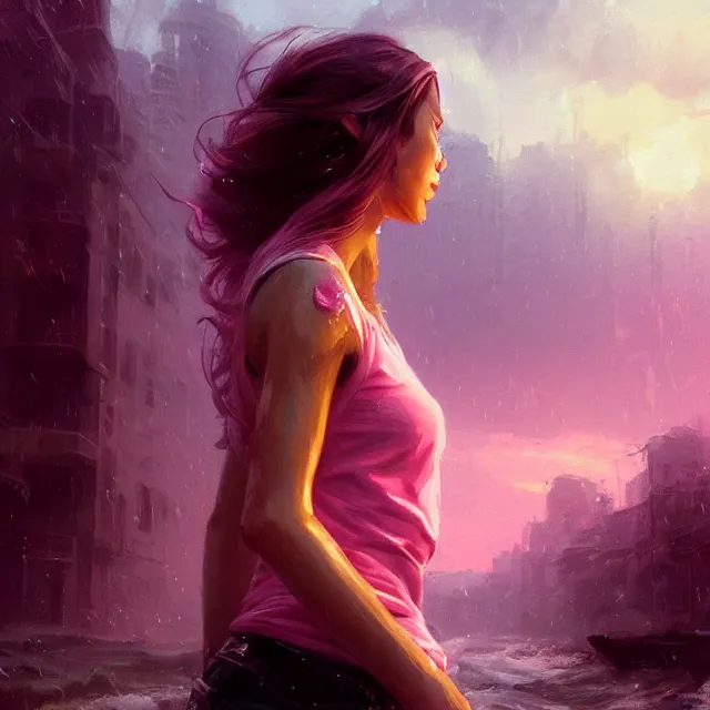 Image similar to epic portrait cinematic shot an beautiful female survivor wearing pink t shirt, shiny skin, wet flowing hair, apocalyptic city backround, cloudy, fine details. night setting. realistic shaded lighting poster by craig mullism, artgerm, jeremy lipkin and michael garmash, unreal engine, radiant light, detailed and intricate environment, digital art, trending on art station,
