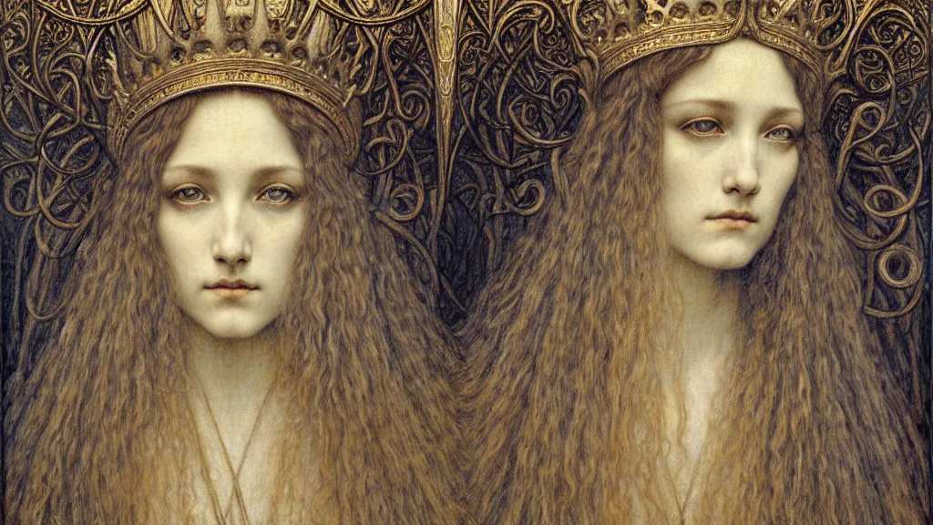 Image similar to detailed realistic beautiful young medieval queen face portrait by jean delville, gustave dore and marco mazzoni, art nouveau, symbolist, visionary, gothic, pre - raphaelite. horizontal symmetry