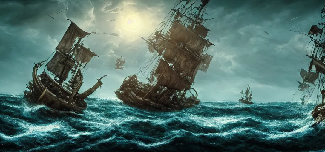 Image similar to sea monster attacking a pirate ship, cinematic, atmospheric, detailed