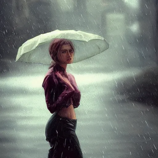 Image similar to a beautiful toned woman in the rain, aesthetic, oil painting, pale colors, high detail, 8 k, wide angle, trending on artstation,