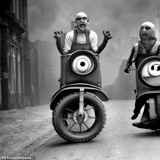 Prompt: minions from despicable me ridding a half - track motorcycle with a single front wheel, better known as the kleines kettenkraftrad hk 1 0 1, in the empty and destroyed london, circa 1 9 3 9, 4 k hd