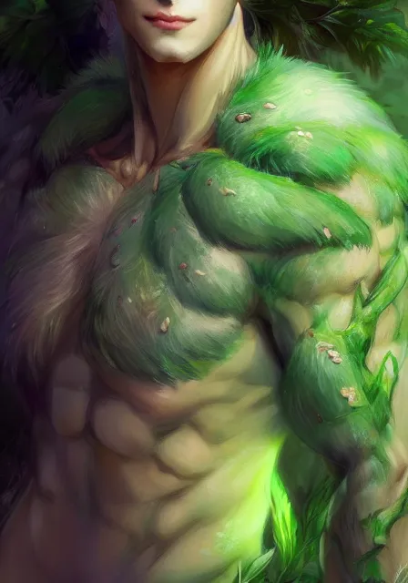 Prompt: A realistic anime portrait of a handsome buff dryad with glowing green eyes and tree bark skin wearing clothes made of leaves, digital painting, by Stanley Artgerm Lau, Sakimichan, WLOP and Rossdraws, digtial painting, trending on ArtStation, SFW version