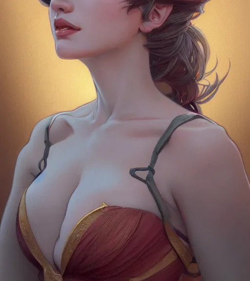 Image similar to a girl wearing a golden dress, grey hair, red necktie, cinematic, stunning, highly detailed, digital painting, artstation, smooth, hard focus, full body shot, illustration, art by artgerm and greg rutkowski and alphonse mucha