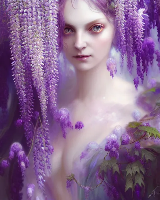 Image similar to Full View Portrait Mystical ethereal wisteria deity wearing beautiful dress, wisteria Dryad, 4k digital masterpiece by Anna dittman and Ruan Jia and Alberto Seveso, fantasycore, Hyperdetailed, realistic oil on linen, soft lighting, wisteria background, featured on Artstation