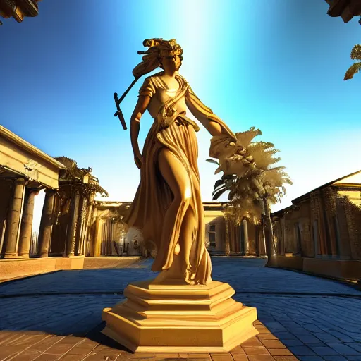 Prompt: baroque vaporwave statue, high detail, rendered in unreal engine, 3d render, god rays, volumetric lighting, award winning, vegetation, golden light