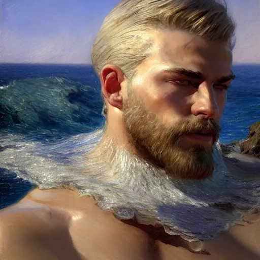 Prompt: detailed cinematic wide shot of muscular attractive young man beard slim face symettrical face clean skin blue eyes white hair wearing sea clothes, ultra realistic, spring light, painting by gaston bussiere, craig mullins, j. c. leyendecker