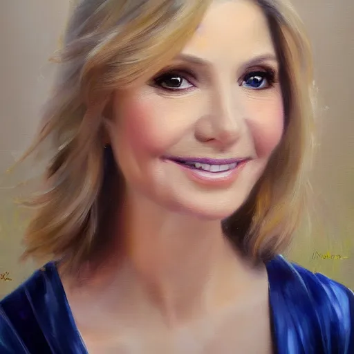 Image similar to closeup portrait of olivia newton john at age 3 0 years, evening, highly detailed and realistic oil painting, vladimir volegov, artstation