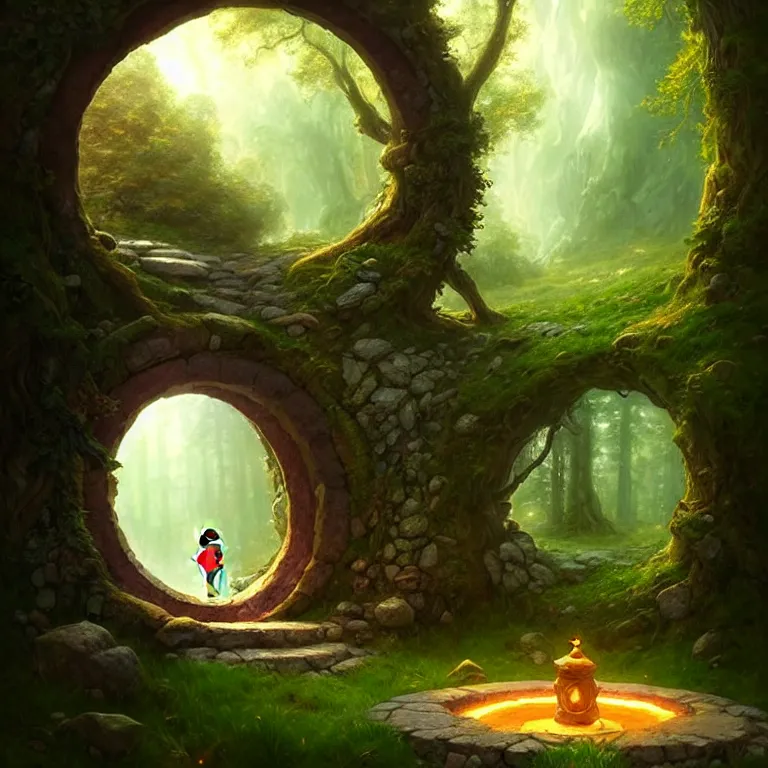 Image similar to Fantasy Magical fairy-tale stone portal in the forest. Round stone portal teleport in trees to other worlds. Fantastic landscape. Magic Altar in the fores, highly detailed, digital painting, artstation, concept art, smooth, sharp focus, illustration, art by artgerm and greg rutkowski and alphonse mucha