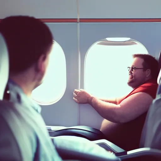 Image similar to a big fat man riding on an airplane who needs to use several seats because he can't fit into one, photography