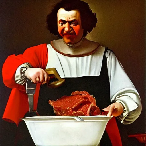 Prompt: Ronald Mcdonald putting meat into a metal mincer. High detail painted by Caravaggio