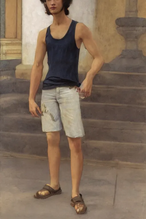 Image similar to Full-length portrait of a handsome!! young pregnant male on the streets of Saigon, wearing shorts and a sleeveless shirt, historically reliable photo chronicle, 1975, ultra detailed digital art, octane render, 4K, by John William Waterhouse and Edwin Longsden Long and Theodore Ralli and Nasreddine Dinet