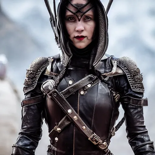 Image similar to a beautiful unexperienced female rogue in a light leather armor who only came to see a dragon, symmetrical, cinematic, real photography