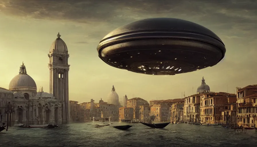 Prompt: a giant alien ufo high tech spaceship eerily hovering on italy venice city landscape with beautiful temples by greg rutkowski, artgerm, ross tran, magali villeneuve, intricate, time travel theme, audince in awe, spectacle, audience sorrounding, award winning, octane render, masterpiece, 8 k, beautiful