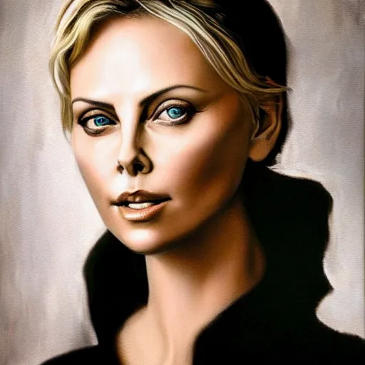 Prompt: a striking hyper real painting of charlize theron by da vinci.