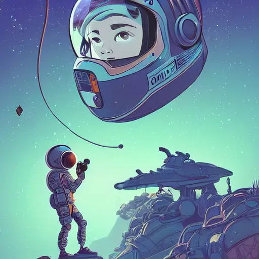 Image similar to view of a future cosmonaut with helmet having cybernetics and wirings exploring a jungle, d & d, trending on artstation, art by rossdraws, petros afshar, tom whalen, laurie greasley and greg rutkowski and ilya kuvshinov, global illumination