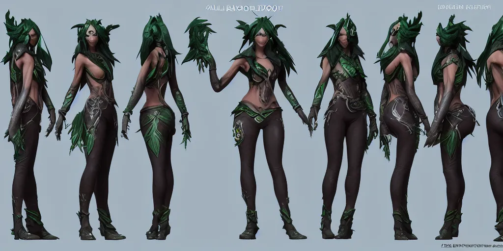 Image similar to character sheet of elderwood akali ( league of legends ). hyperreal 3 d octane render 8 k