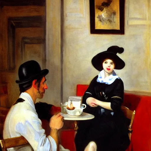 Image similar to fancy cow with a red hat on her head sitting in front of a parisian coffee shop drinking coffee, eugène delacroix painting, 4k, realistic,